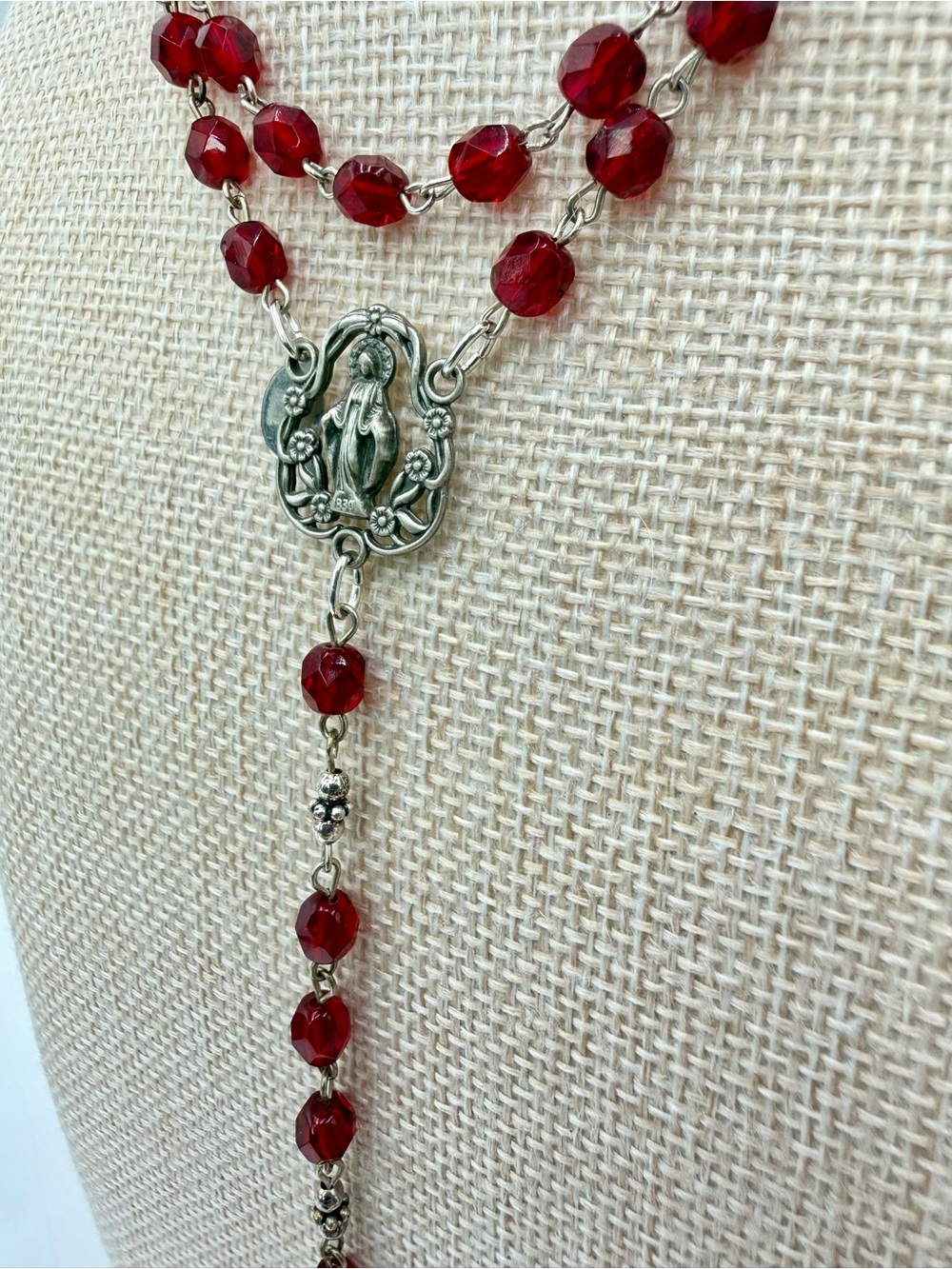 Donna Dressler Sterling Silver Ruby Crystal Rosary Crucifix VTG Tagged 26” w 6”D - Picture 15 of 17